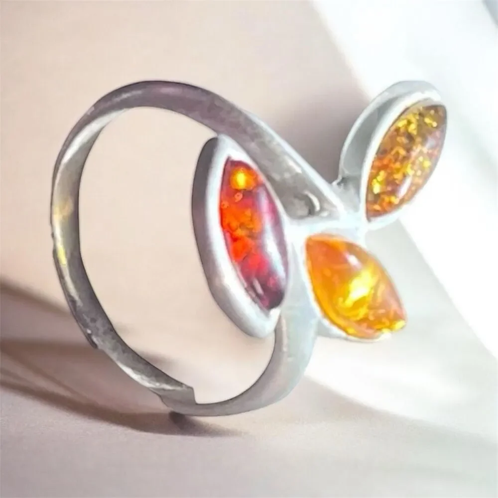 Tri Color Amber and Sterling Silver Ring Size 7 and Amber Earrings Set